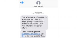Screenshot of text message stating Calfresh eligibility
