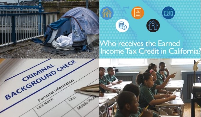 Collage of four photos: tent on a road next to a river, graphic for income tax credit, form for criminal background check, and students in a classroom
