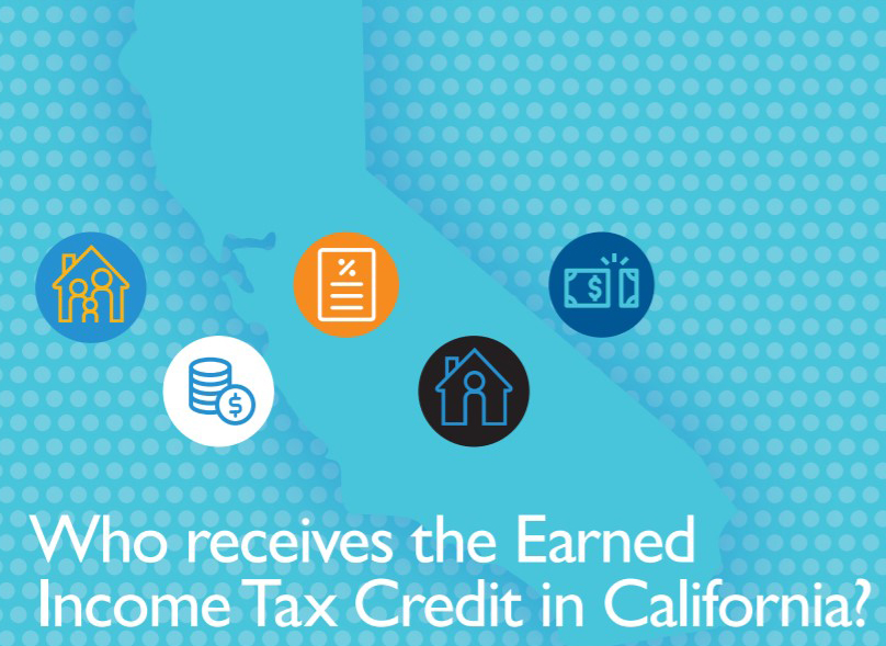 Graphic with four icons and the question "Who receives the earned income tax credit in California?"