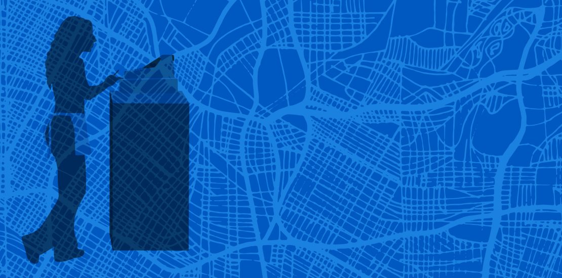 Graphic with silhouette of cashier over blue street map outline