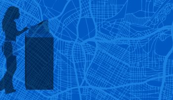 Graphic with silhouette of cashier over blue street map outline
