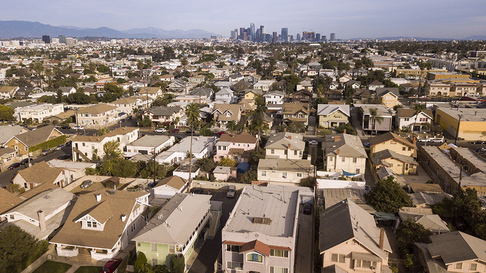 Aerial view of housing stock in Los Angeles, California.