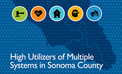 Graphic with five icons (gavel, heart, house, human head, and hand) on top of outline of Sonoma County with text "high utilizers of multiple systems in Sonoma County"