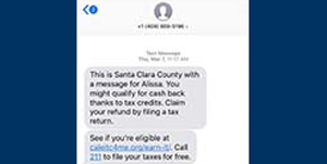 Text message screenshot saying user may qualify for cash back due to tax credits