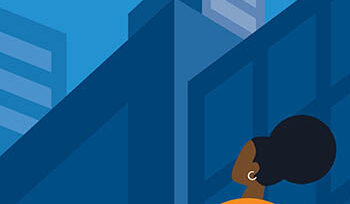 Graphic of lady standing in front of buildings looking up at sky