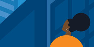 Vector graphic of African American woman glancing up at buildings