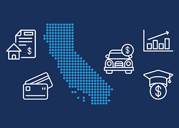 A map of California is surrounded by icons representing a mortgage loan, credit cards, a car loan, student loans, and a bar chart.