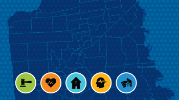 Map of San Francisco is overlaid with five icons, including a justice gavel, a heart with a beat going through it, a home, a person thinking, and a hand holding smaller silhouetted figures.