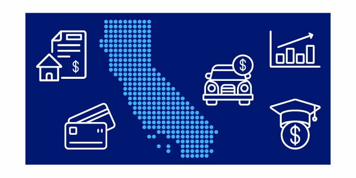 A map of California is surrounded by icons representing a mortgage loan, credit cards, a car loan, student loans, and a bar chart.