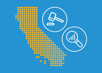 Image is a map of California and an icon of a gavel and a magnifying glass looking at a bar chart.