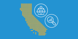 Image of a map of California and a gavel icon and a magnifying glass that is looking at a bar chart.