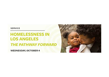 Image says "Homelessness in LA - the path forward" and shows a mom holding a young baby