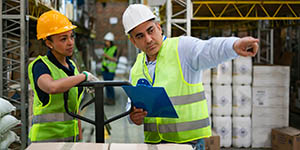 A younger woman listens to an older man who is holding a clipboard and pointing. They're in a warehouse, with hardhats on and green safety vests.