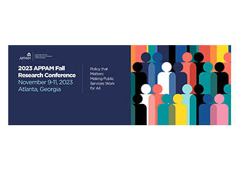 Icon for the Fall 2023 APPAM conference shows silhouettes of figures in different colors, and text about the theme and dates of the event