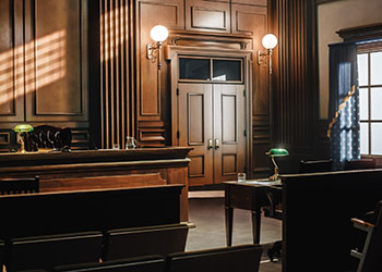 Interior of an empty court room, with light coming through a window, and a doorway.