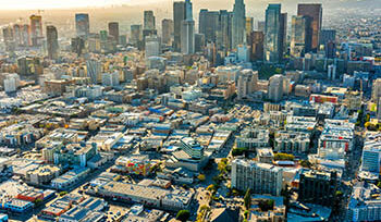 The downtown and surrounding areas of Los Angeles, California shot from an altitude of about 800 feet over the city during a helicopter photo flight.