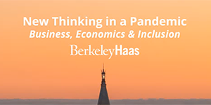 Text says "New Thinking in a Pandemic" Business, Economics & Inclusion. Berkeley Haas
