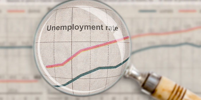 Magnifying glass is zoomed in on a line chart with two lines and text that says unemployment rate