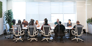 Photograph of 12 office workers sitting in a board room, having a meeting.